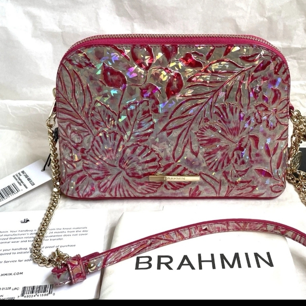Bnwt Brahmin Iridescent Pink Floral Crossbody Bag - Picture 1 of 4